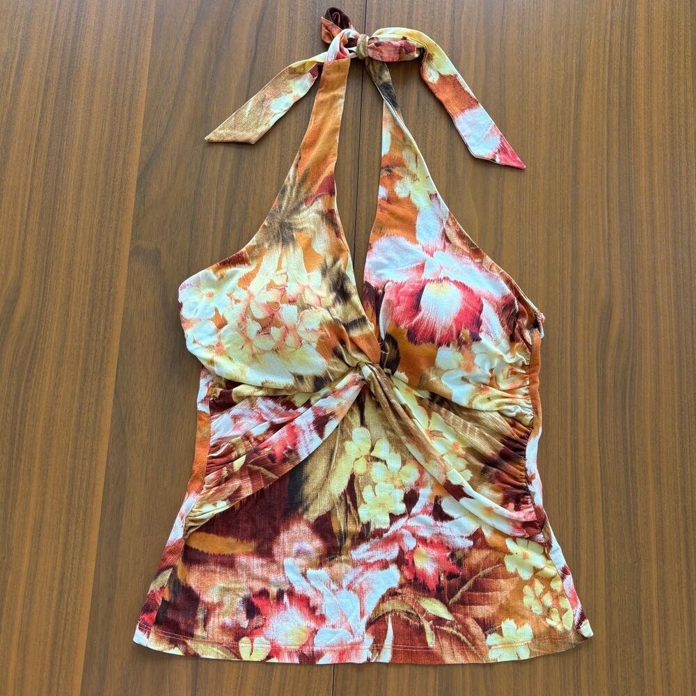Y2K Style Bright Floral Tropical Print Halter Top Built in Cups 2000s Summer